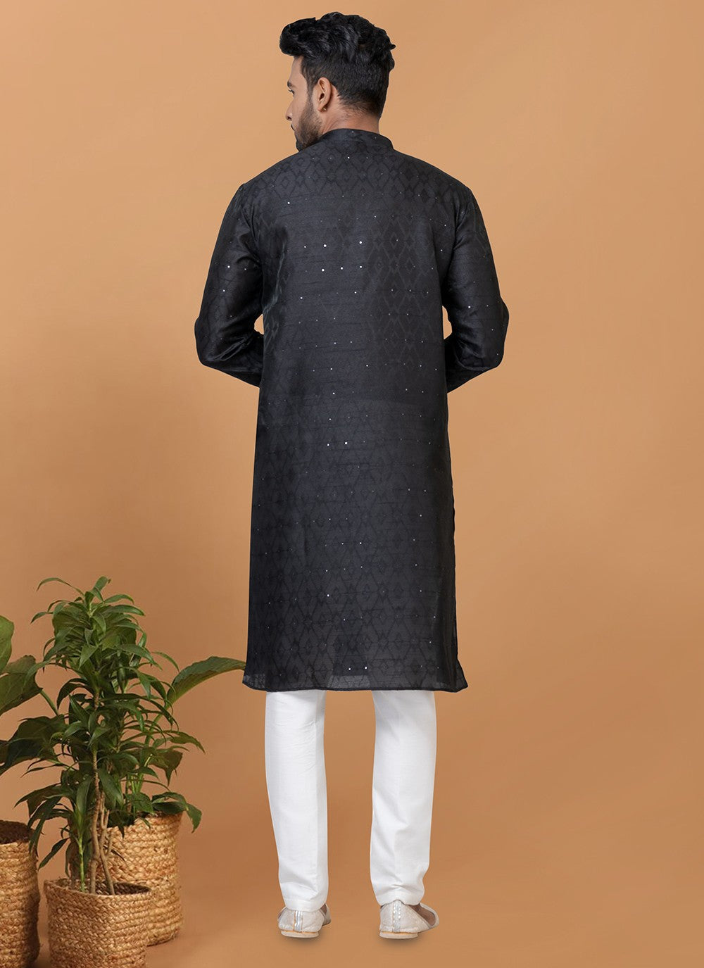 Fancy Work Silk Black Kurta Pyjama - M6364