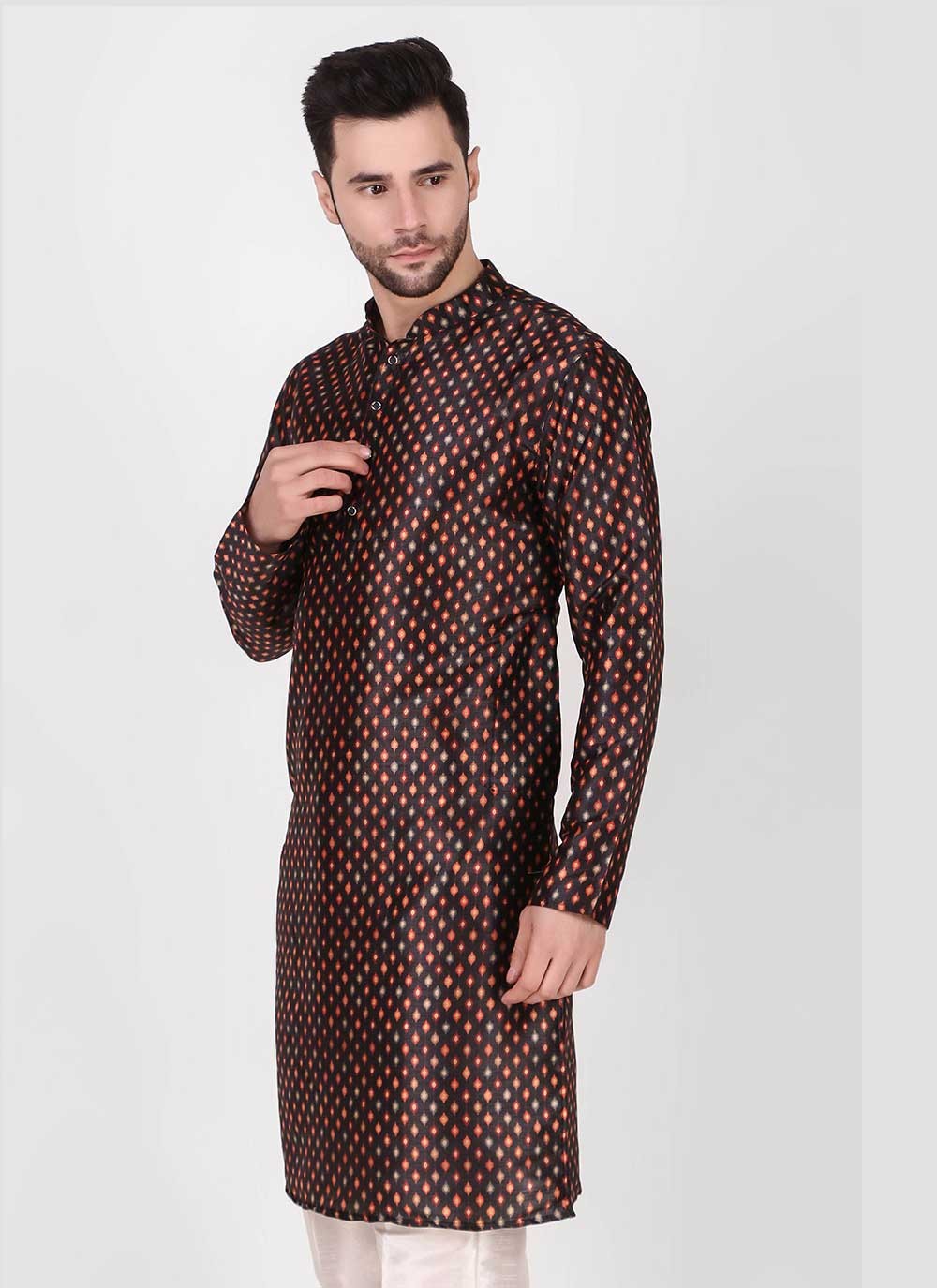 Printed Art Silk Black Kurta Pyjama - M4759