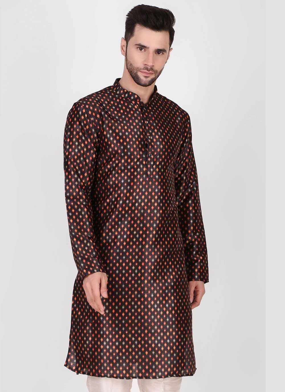 Printed Art Silk Black Kurta Pyjama - M4759