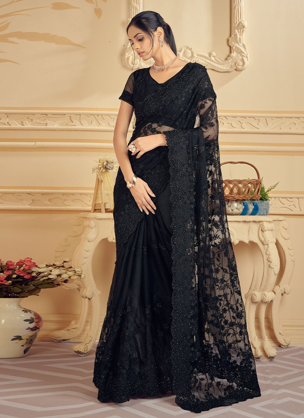 Trendy Embroidered Net Saree - S2288