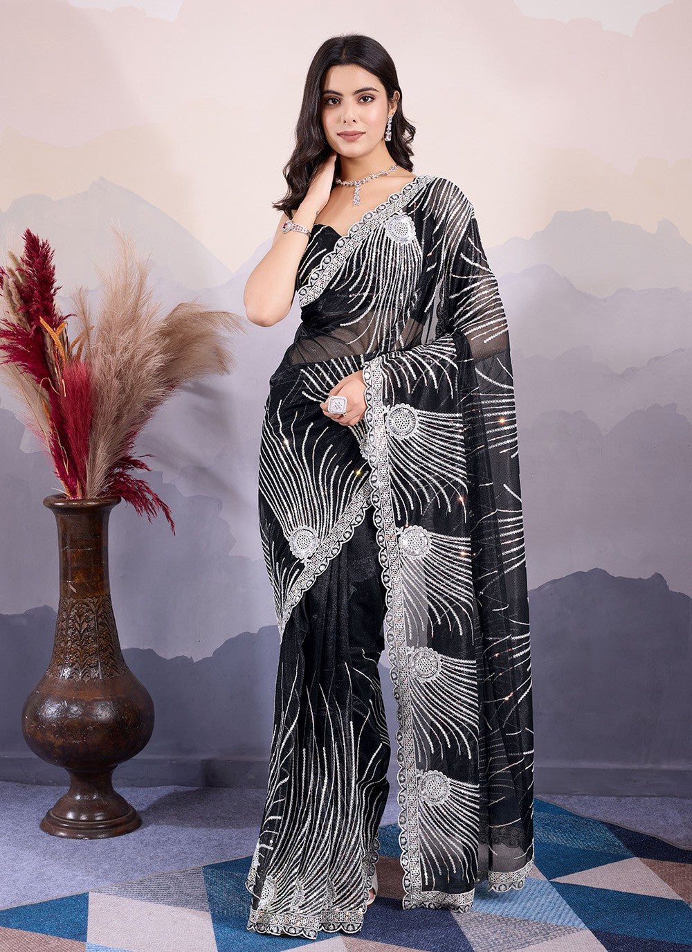 Classic Embroidered Net Saree - S8484