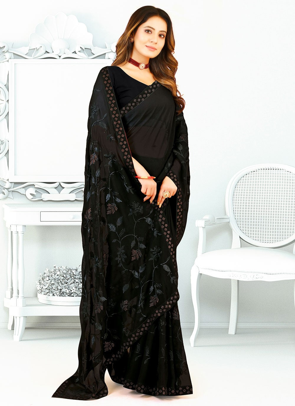 Contemporary Border Work Georgette, Silk Saree - S2671