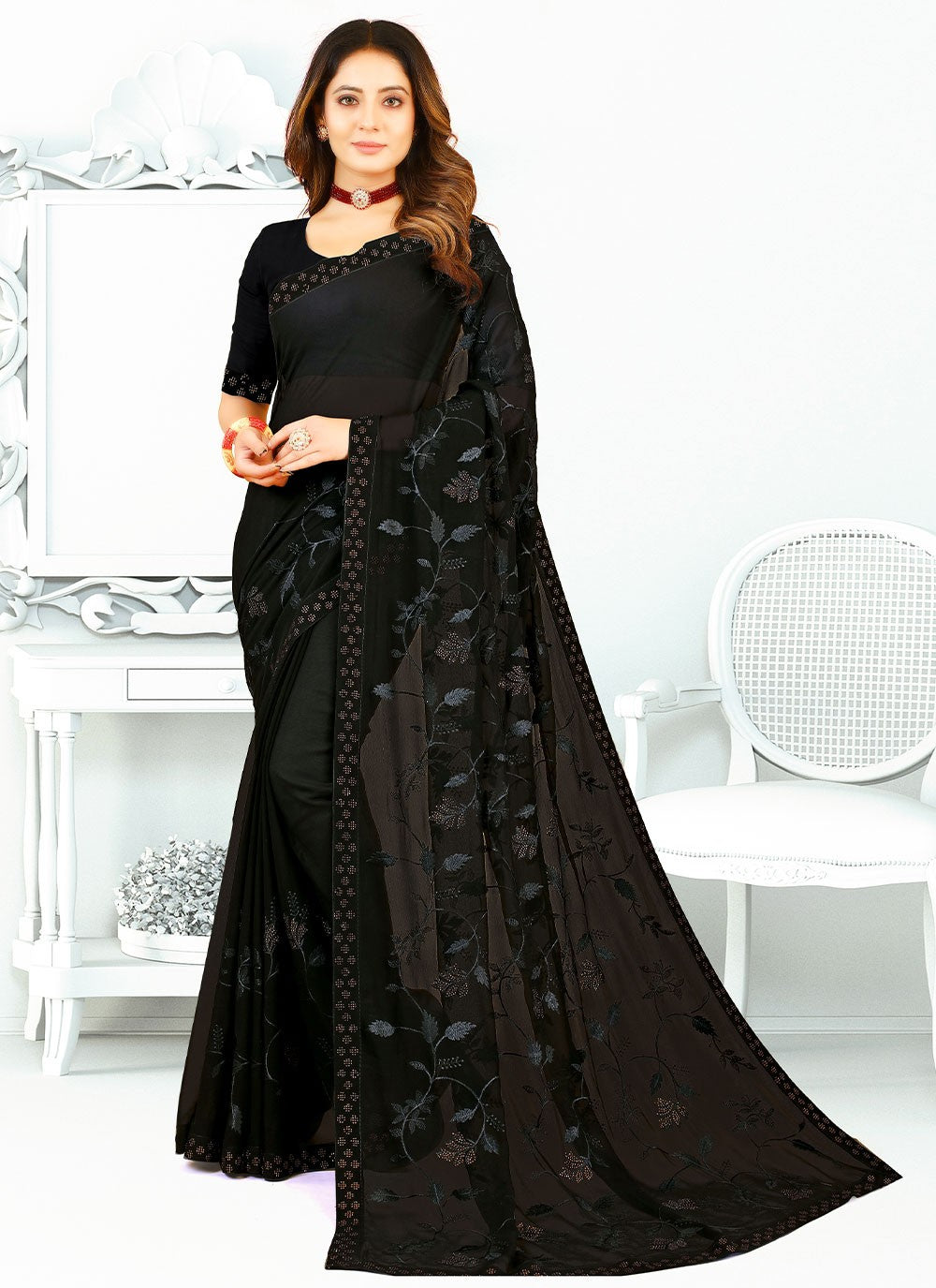 Contemporary Border Work Georgette, Silk Saree - S2671