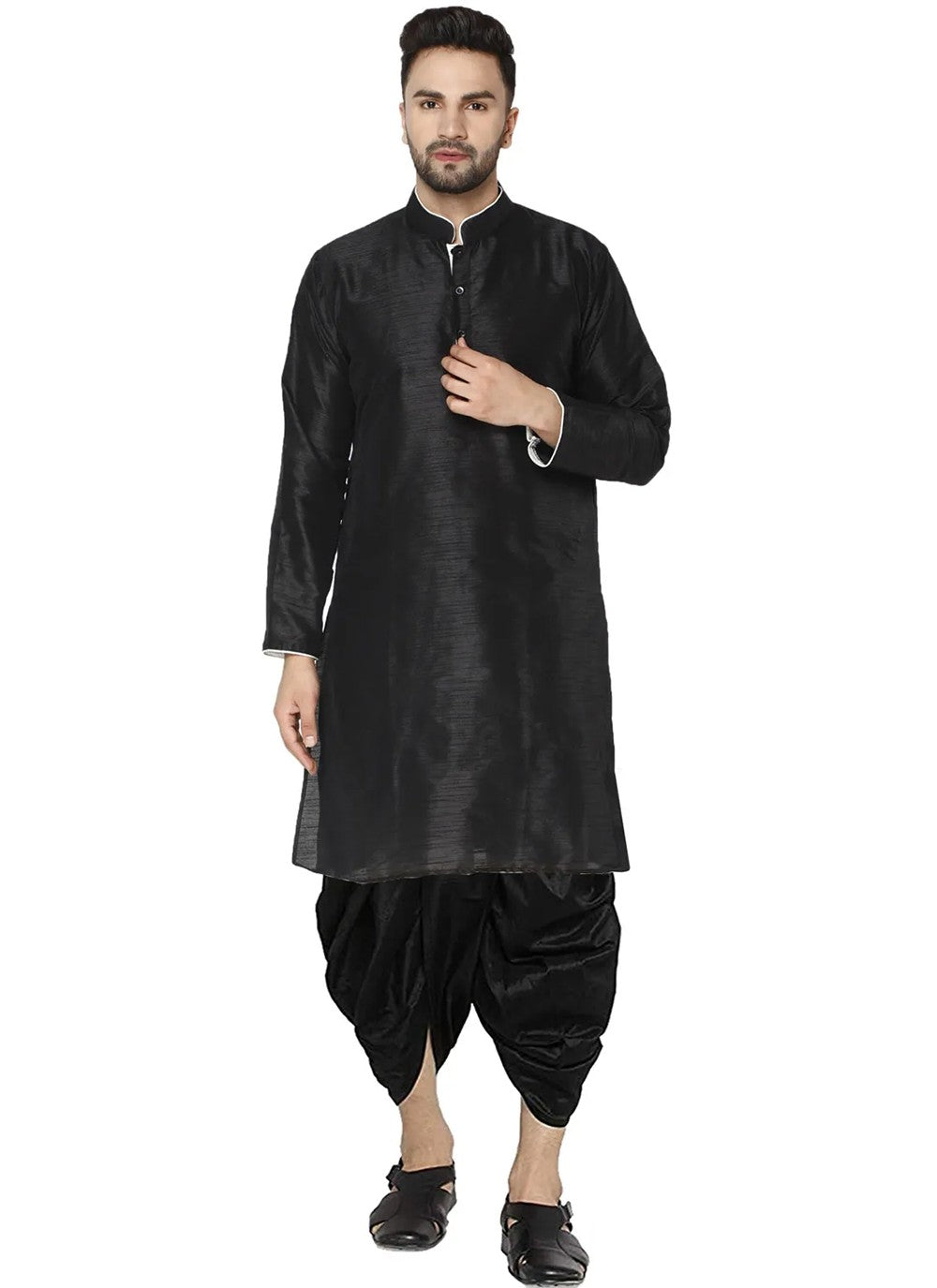 Plain Dupion Silk Black Dhoti Kurta - M2820