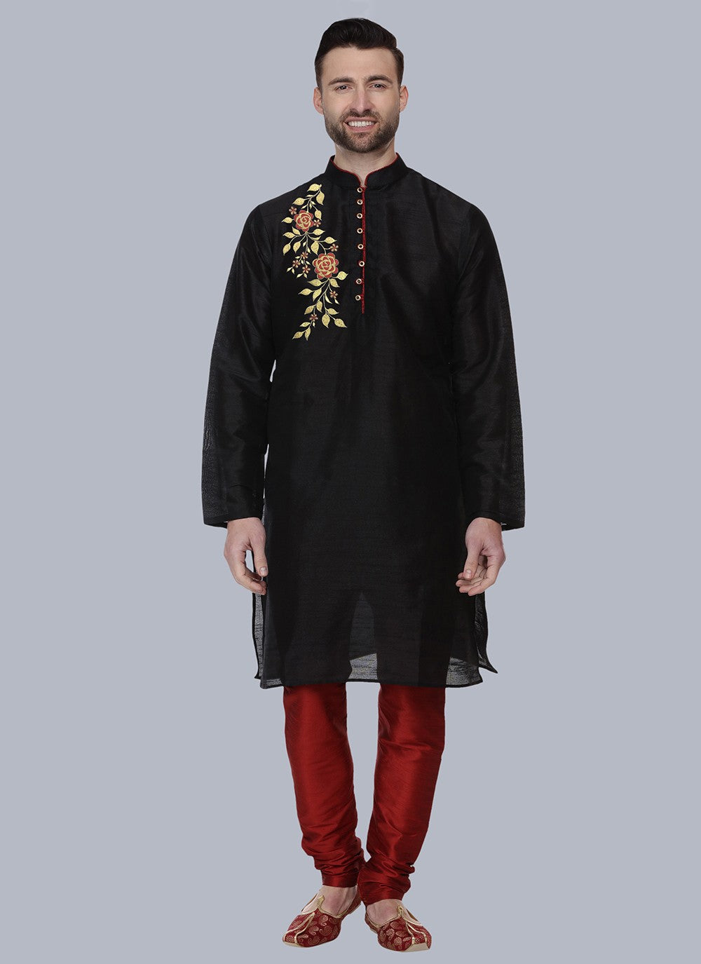 Embroidered Dupion Silk Black Kurta Pyjama - M6539