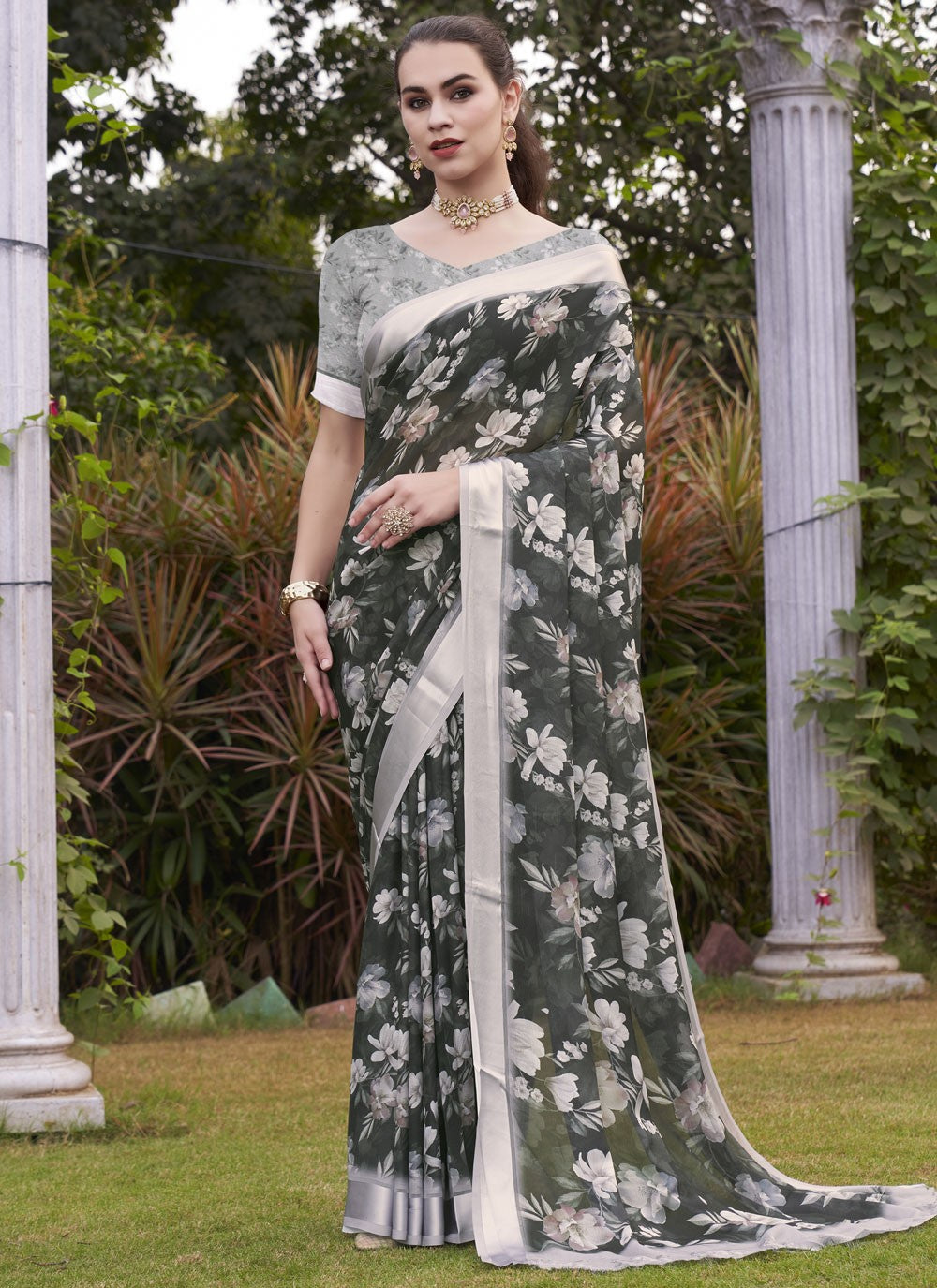 Contemporary Digital Print Georgette Aqua Blue Saree - S11148