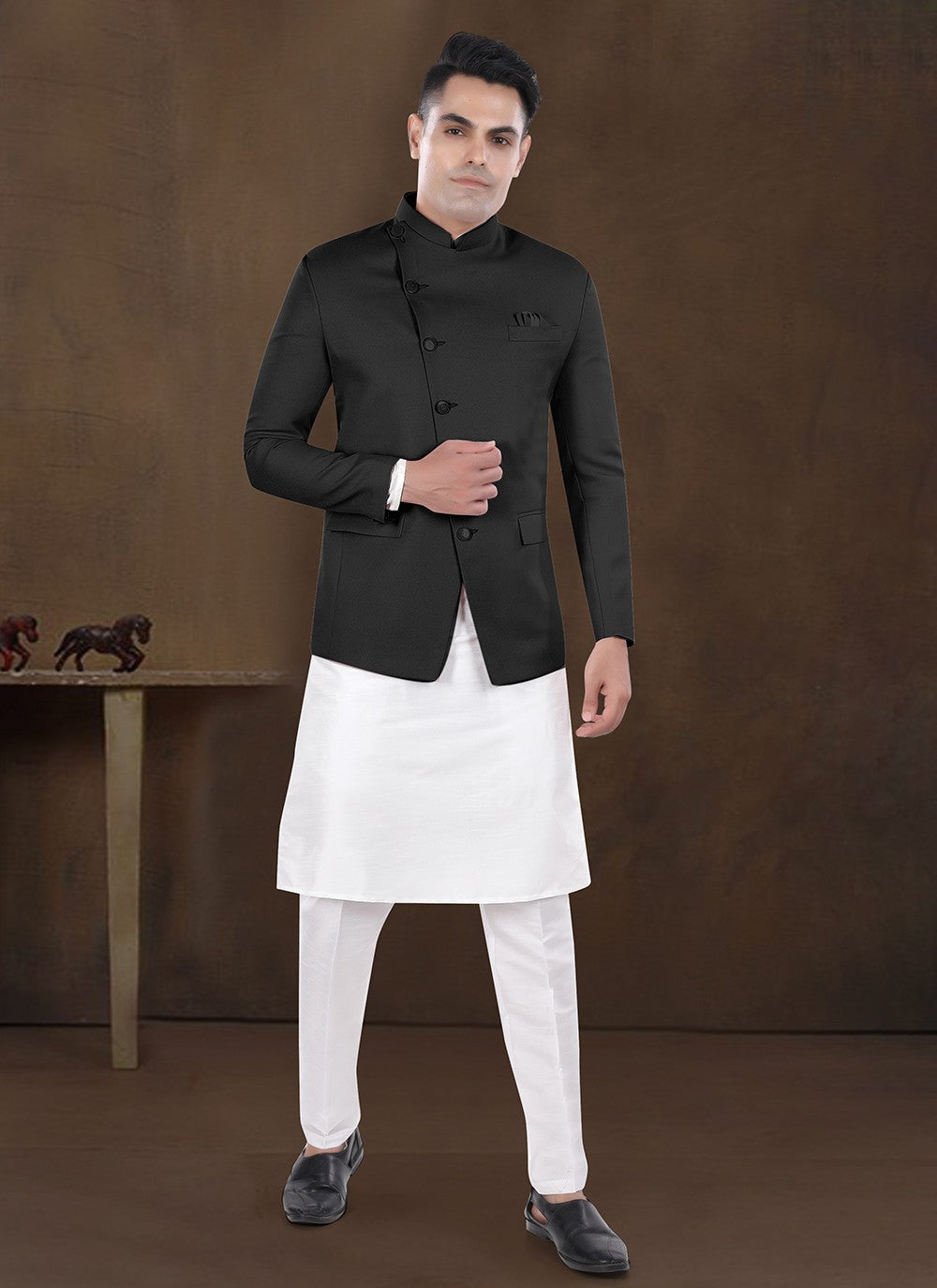 Plain Silk, Viscose Black Kurta Payjama With Jacket - M8185