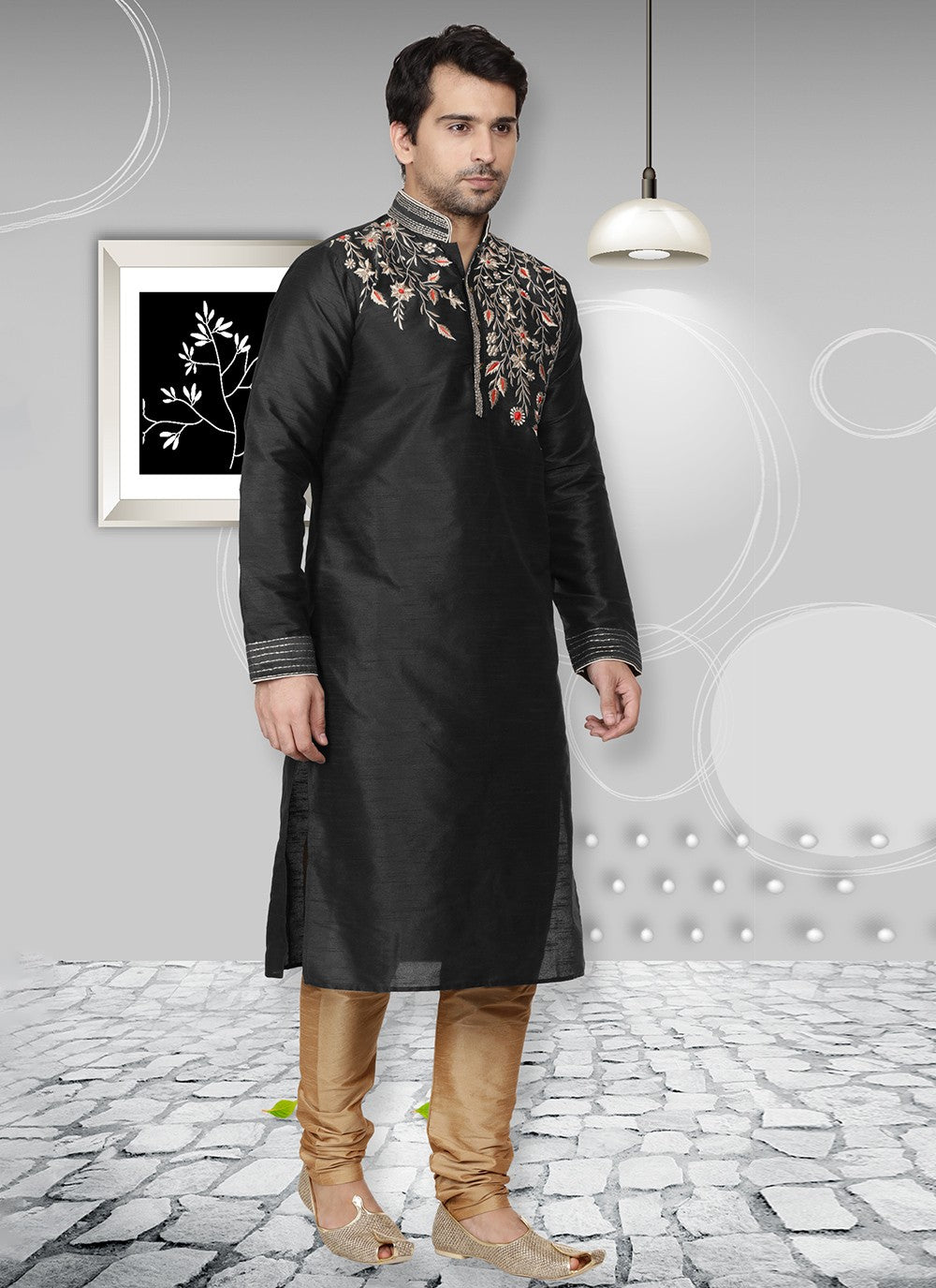 Embroidered Dupion Silk Black Kurta Pyjama - M6540