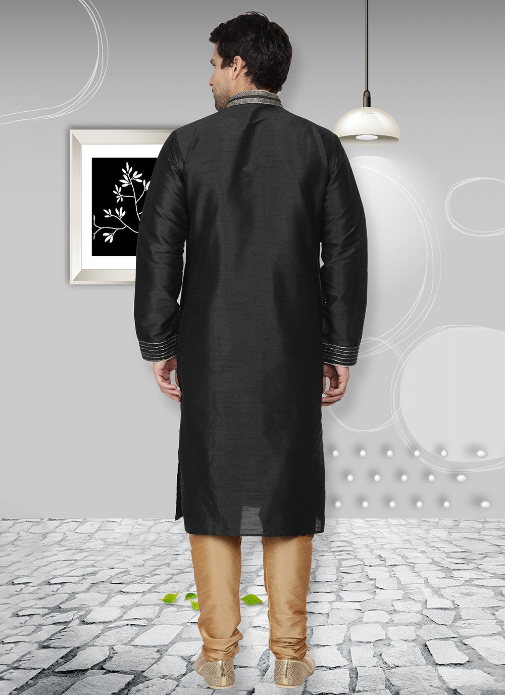 Embroidered Dupion Silk Black Kurta Pyjama - M6540