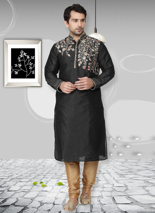 Embroidered Dupion Silk Black Kurta Pyjama - M6540