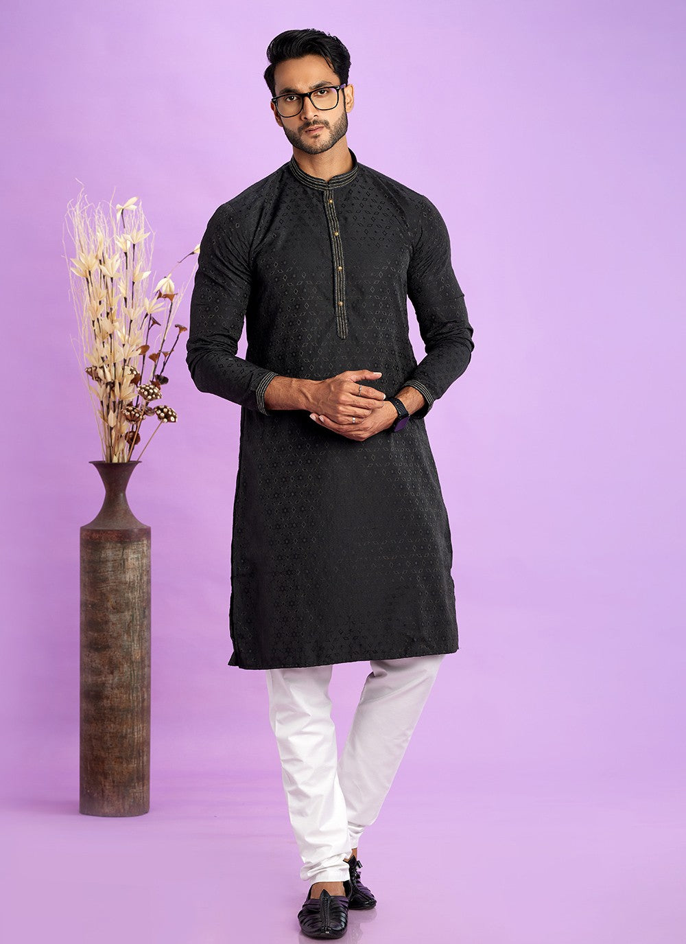 Fancy Work Jacquard Silk Black Kurta Pyjama - M6927