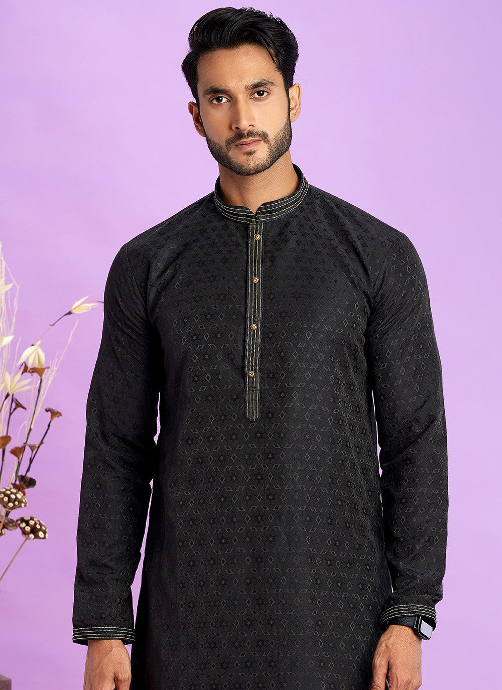 Fancy Work Jacquard Silk Black Kurta Pyjama - M6927