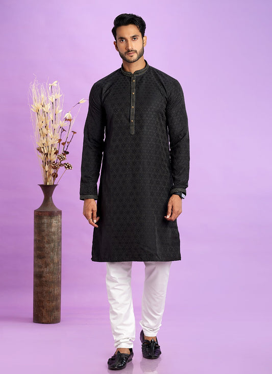 Fancy Work Jacquard Silk Black Kurta Pyjama - M6927