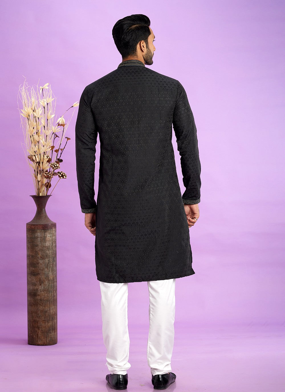 Fancy Work Jacquard Silk Black Kurta Pyjama - M6927