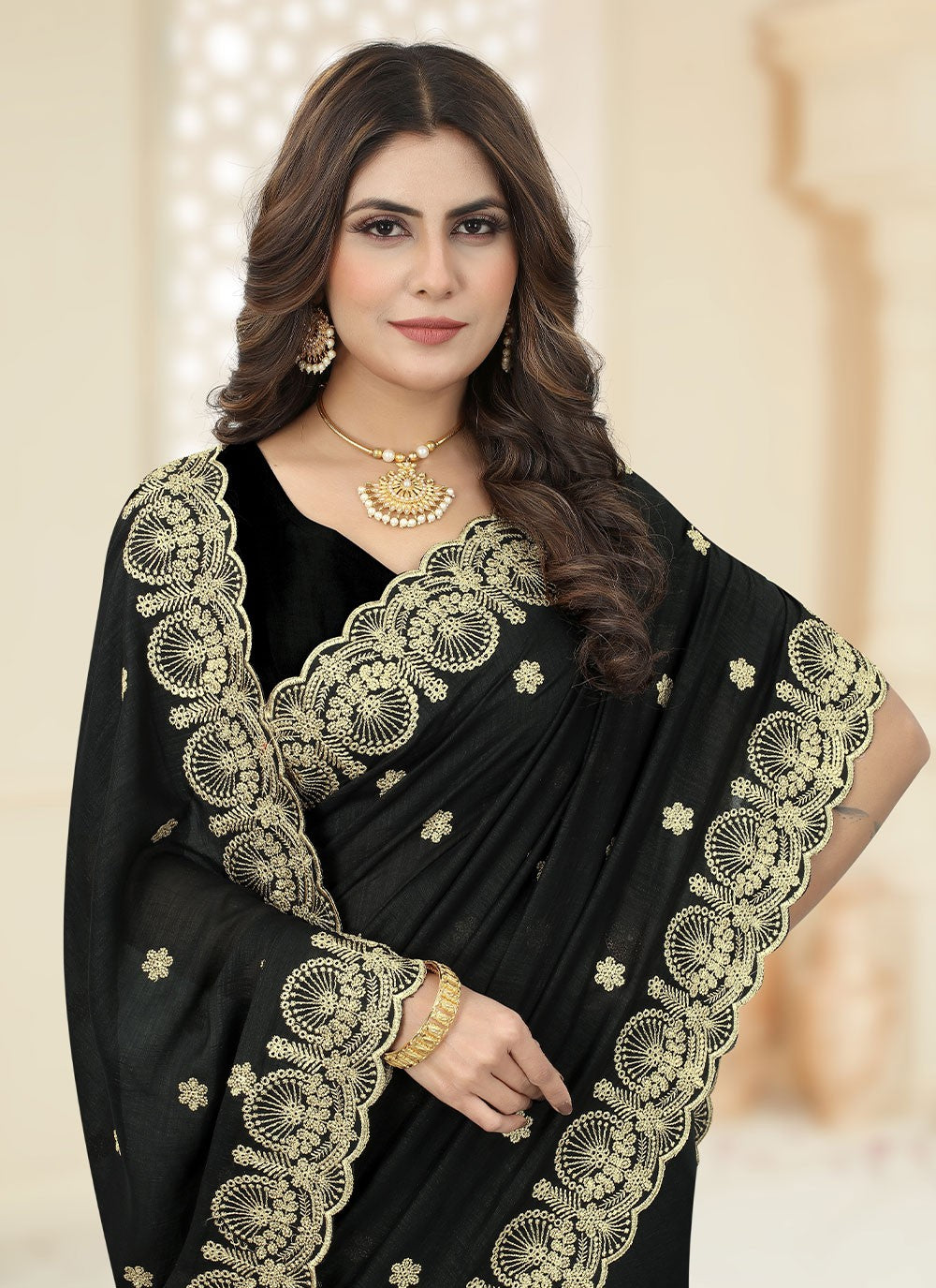 Trendy Border Work Vichitra Silk Saree - S2559