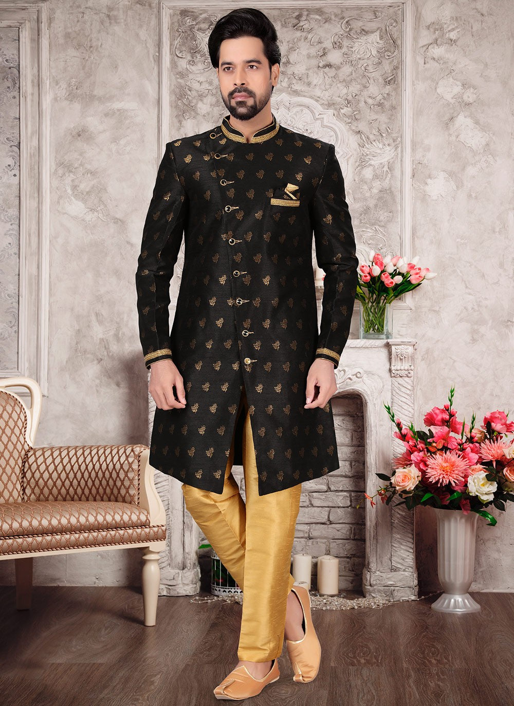 Hand Embroidery Fancy Fabric Black Indo Western Sherwani - M2998