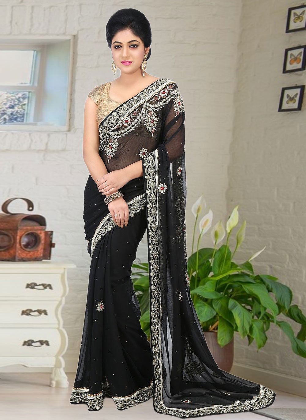 Trendy Hand Embroidery Georgette Saree - S1806