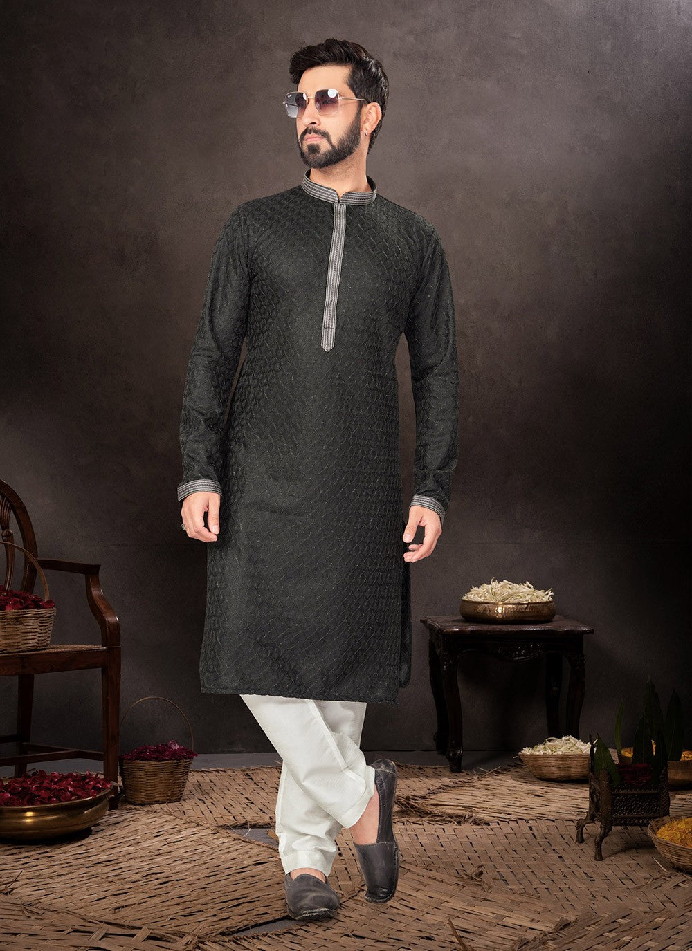 Embroidered Jacquard Black Kurta Pyjama - M7219