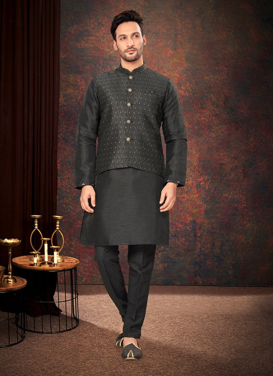 Fancy Work Jacquard Black Kurta Payjama With Jacket - M7180