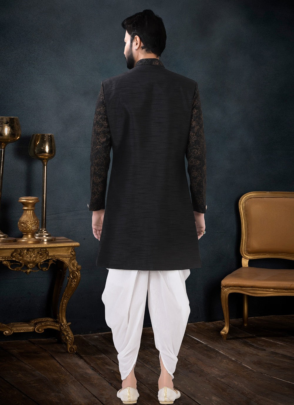 Jacquard Work Jacquard, Silk Black Indo Western Sherwani - M4435