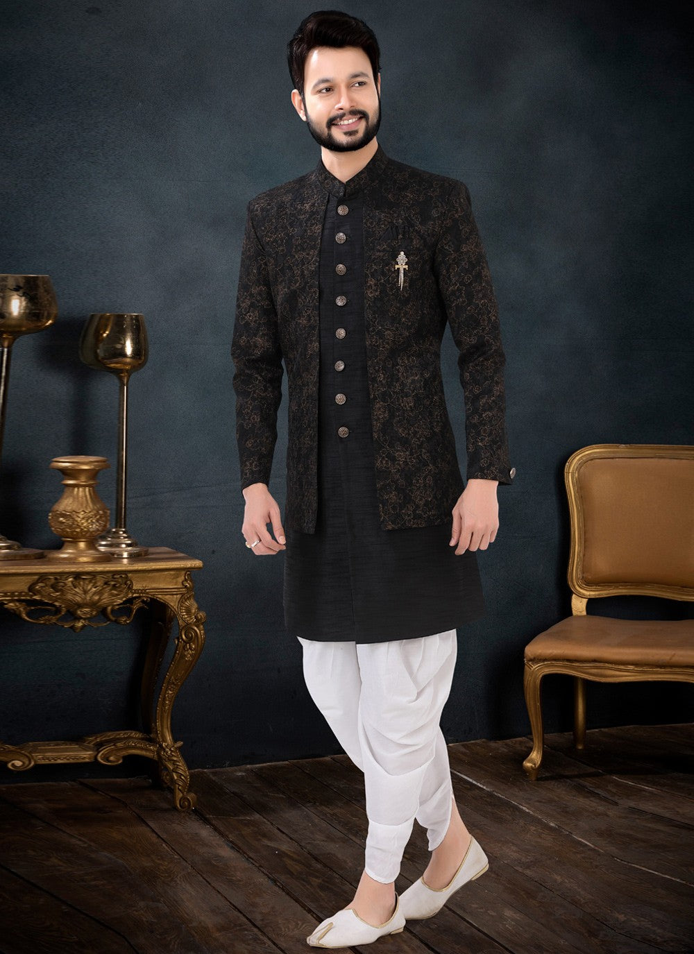 Jacquard Work Jacquard, Silk Black Indo Western Sherwani - M4435