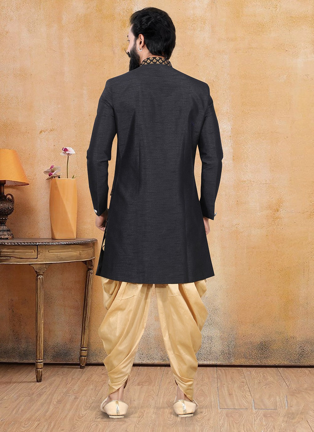 Fancy Work Jacquard Silk Black Dhoti Kurta - M3349