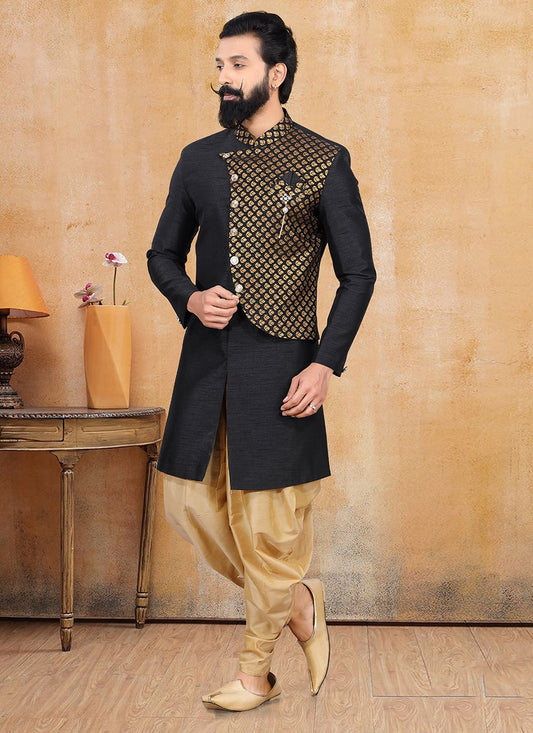 Fancy Work Jacquard Silk Black Dhoti Kurta - M3349