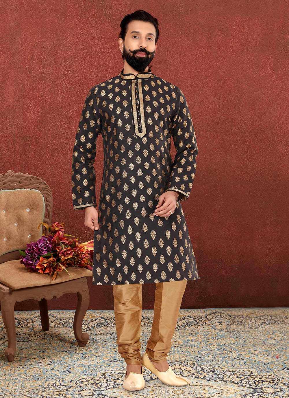 Jacquard Work Jacquard Silk Black Kurta Pyjama - M2601