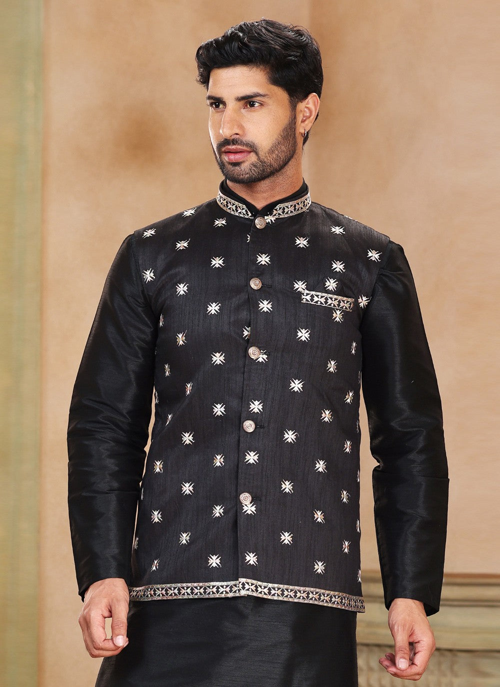 Fancy Work Jacquard Silk Black Kurta Payjama With Jacket - M5194