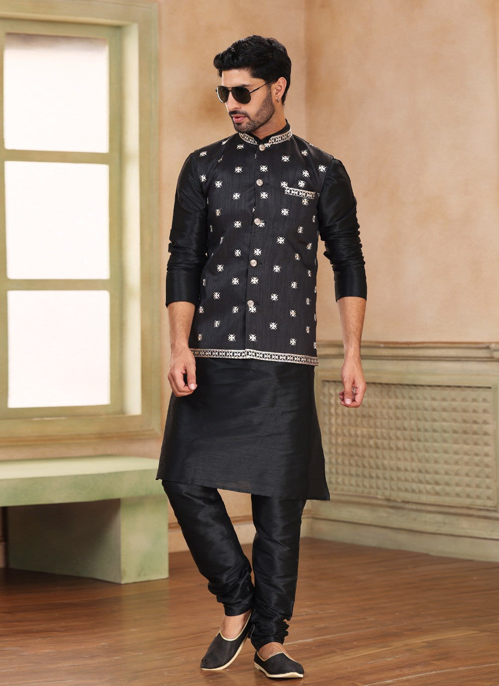 Fancy Work Jacquard Silk Black Kurta Payjama With Jacket - M5194