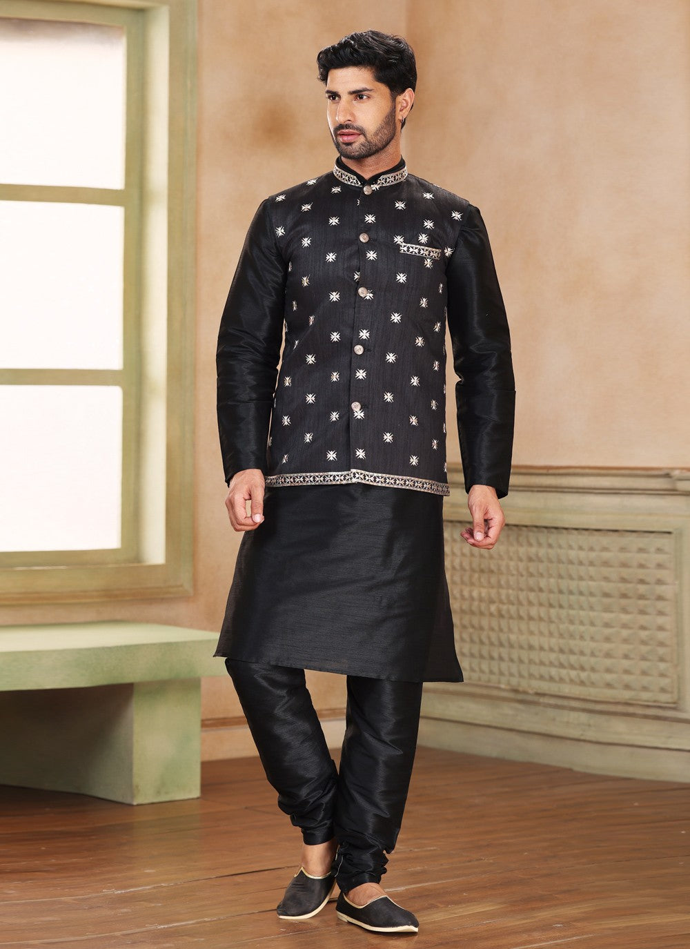 Fancy Work Jacquard Silk Black Kurta Payjama With Jacket - M5194