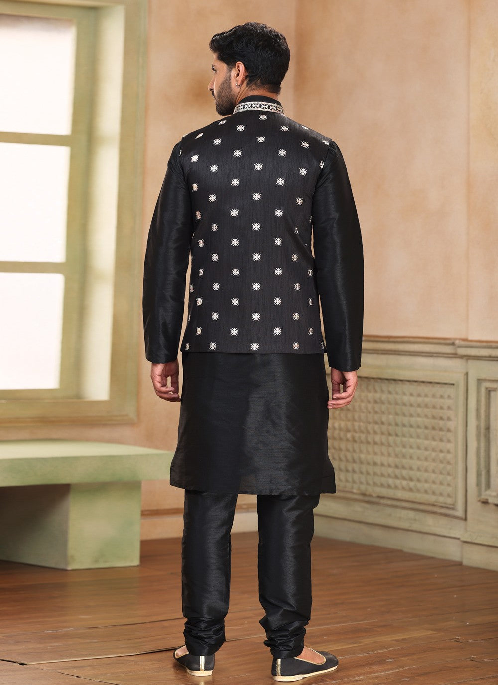 Fancy Work Jacquard Silk Black Kurta Payjama With Jacket - M5194