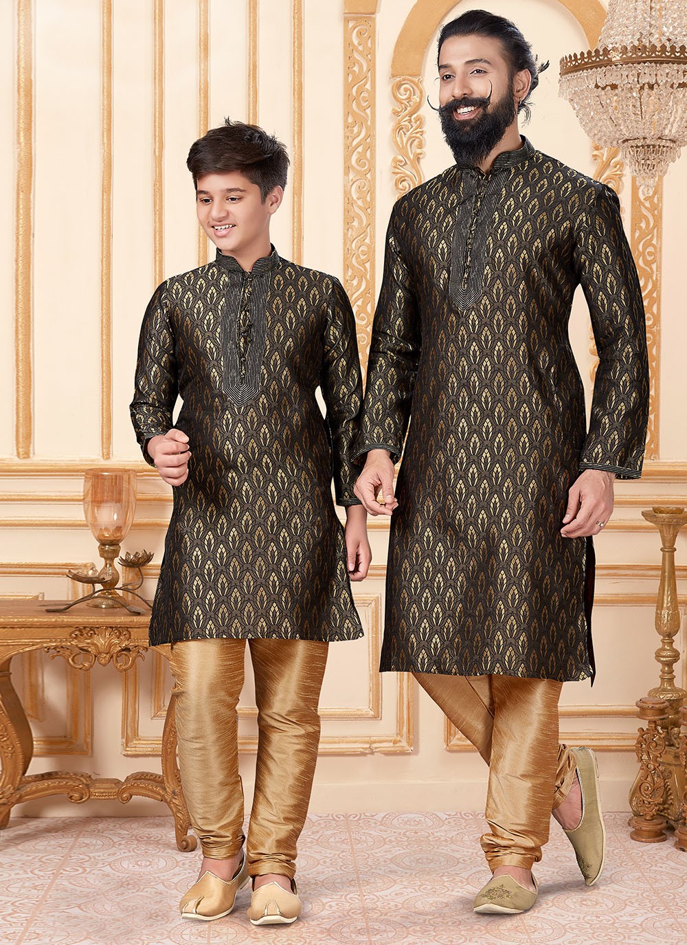 Buttis Jacquard Silk Black Kurta Pyjama - M1923