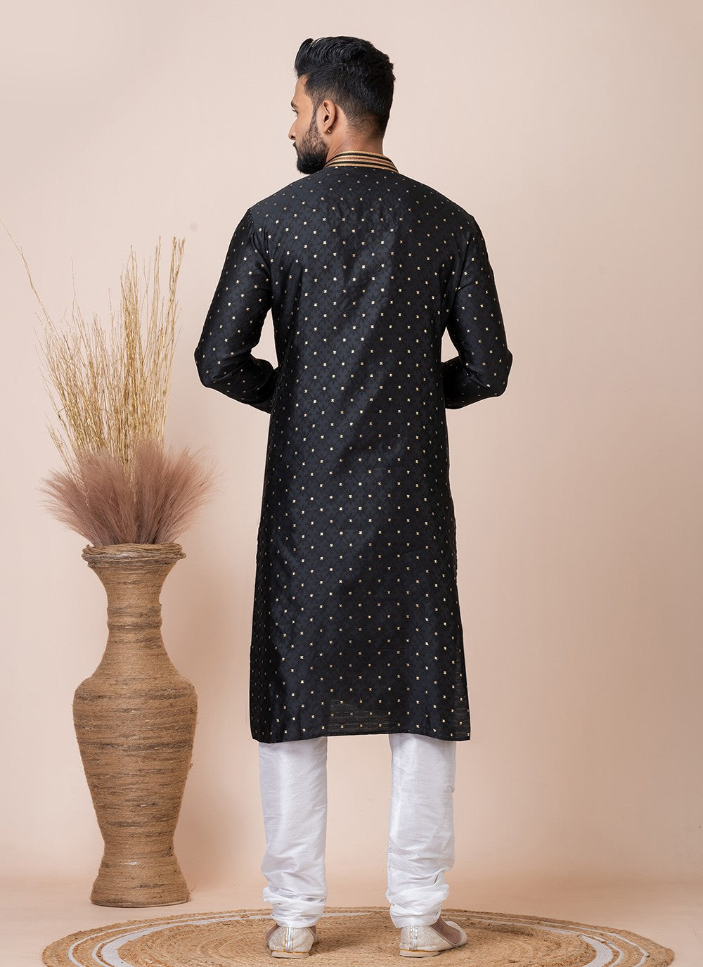 Printed Jacquard Silk Black Kurta Pyjama - M8549