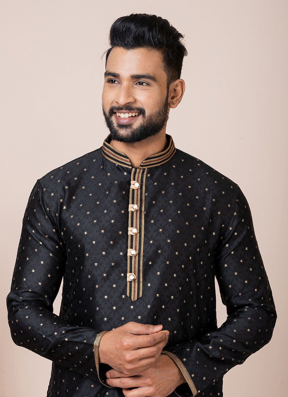 Printed Jacquard Silk Black Kurta Pyjama - M8549