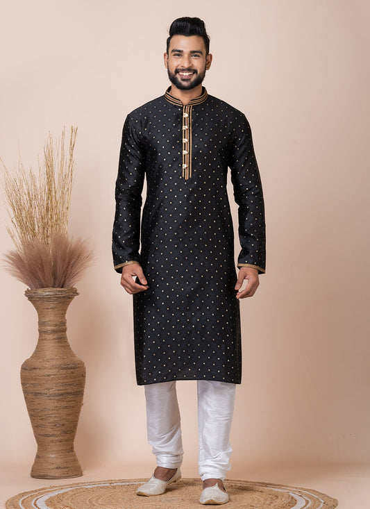 Printed Jacquard Silk Black Kurta Pyjama - M8549