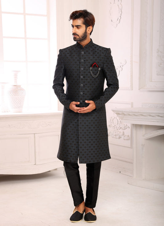 Jacquard Work Imported Black Indo Western Sherwani - M3990