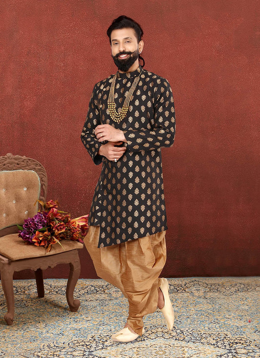 Jacquard Work Jacquard Silk Black Indo Western Sherwani - M2620