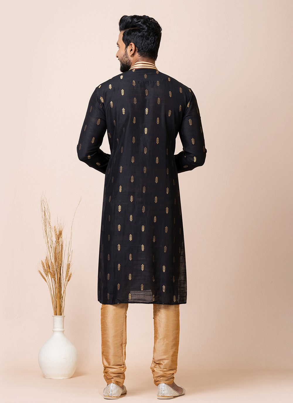 Jacquard Work Cotton Black Kurta Pyjama - M7511