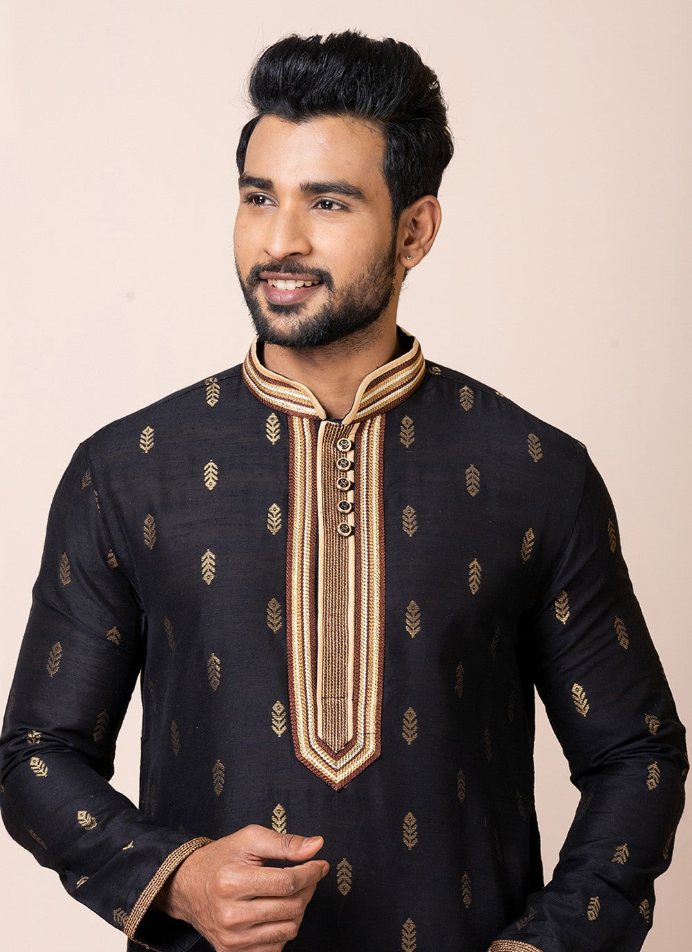 Jacquard Work Cotton Black Kurta Pyjama - M7511