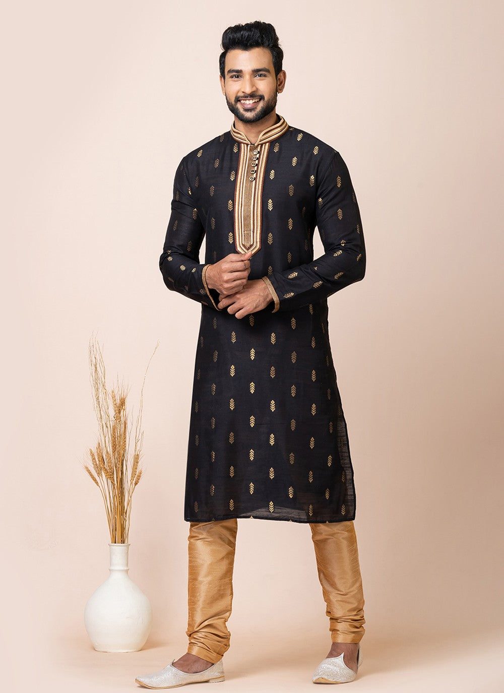 Jacquard Work Cotton Black Kurta Pyjama - M7511