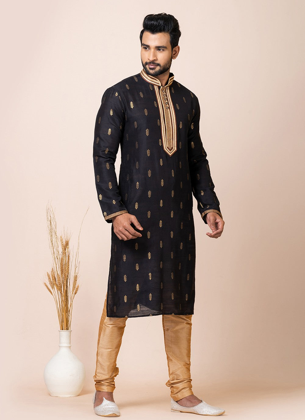 Jacquard Work Cotton Black Kurta Pyjama - M7511