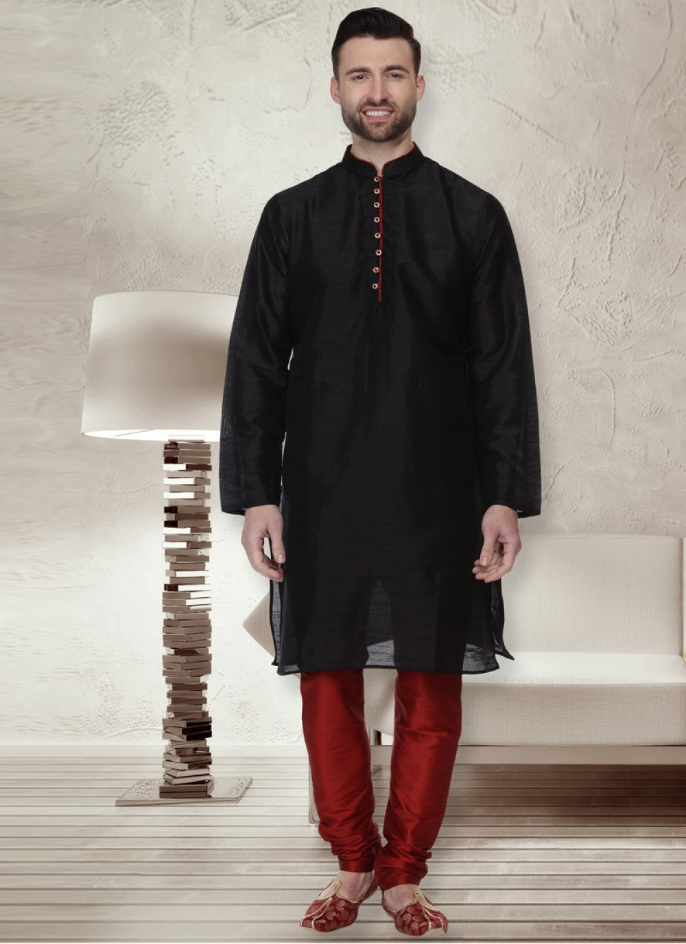 Embroidered Dupion Silk Black Kurta Pyjama - M1077