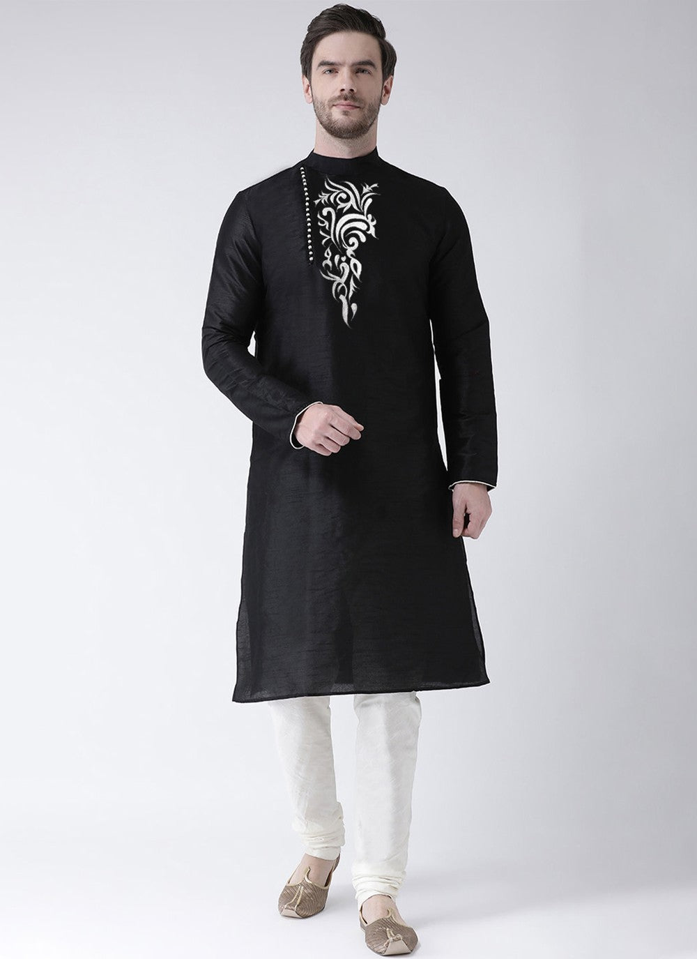 Embroidered Art Dupion Silk Black Kurta Pyjama - M4203