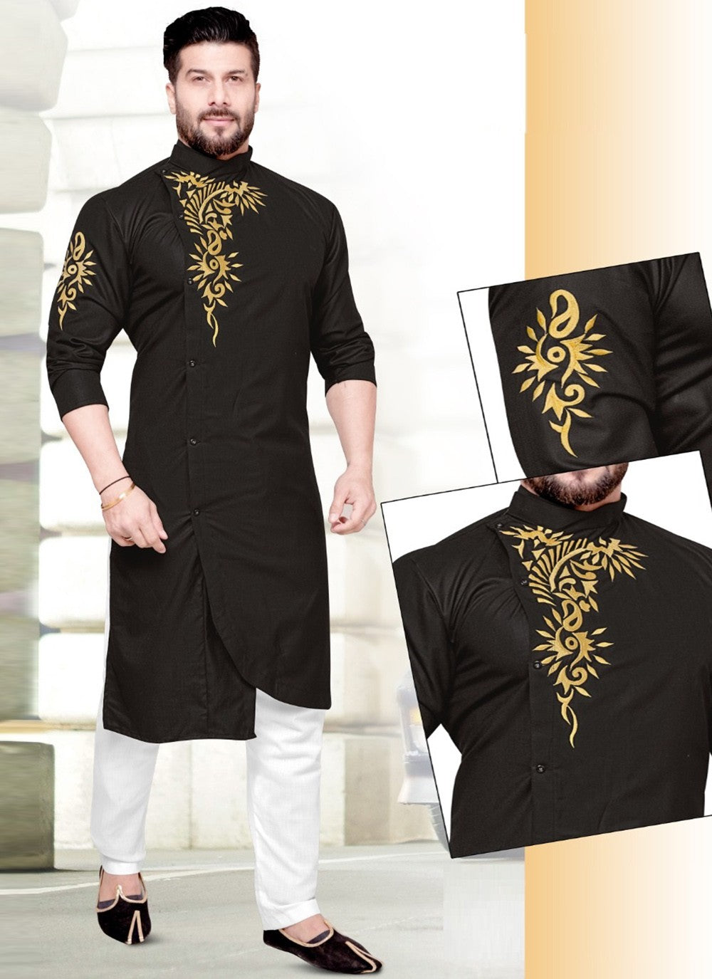 Resham Cotton Black Kurta Pyjama - M2201