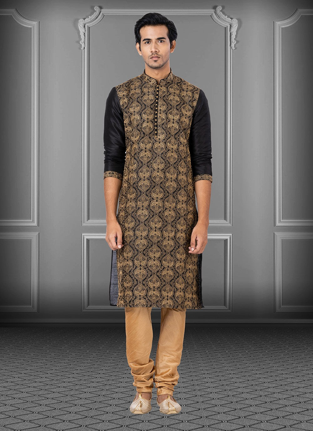 Embroidered Dupion Silk Black Kurta Pyjama - M3708