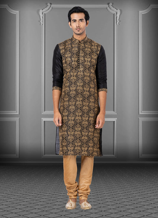 Embroidered Dupion Silk Black Kurta Pyjama - M3708