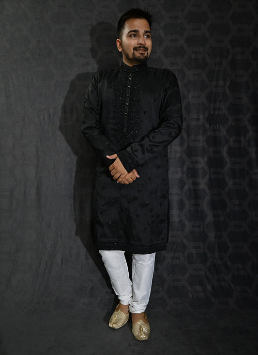 Embroidered Silk Black Kurta Pyjama - M6202