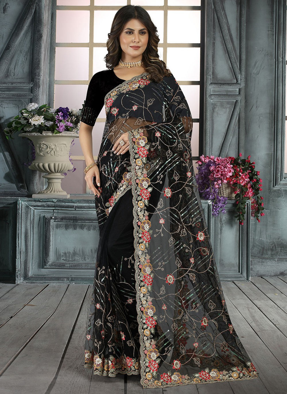 Saree Embroidered Net Saree - S3017