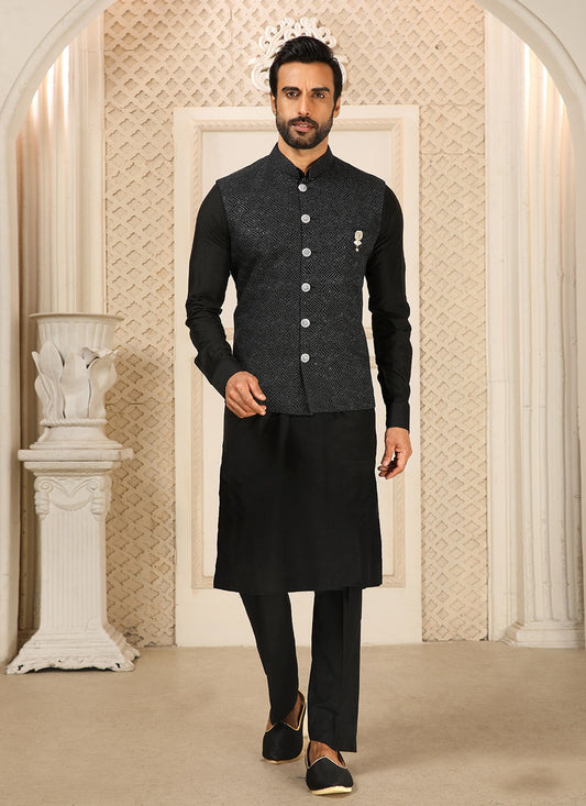 Embroidered Banarasi Silk Black Kurta Payjama With Jacket - M4259